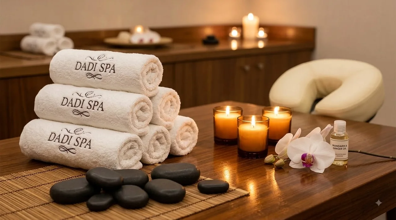 Dadı Spa seans hazırlığı, sıcak taşlar, mumlar ve markalı havlular